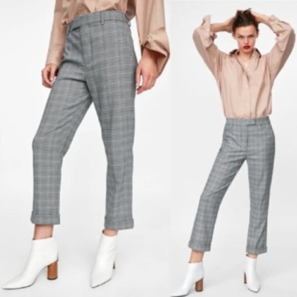 Zara Houndstooth Gray Slim Fit Cuff Hem Dress Pants 4 - Picture 1 of 5